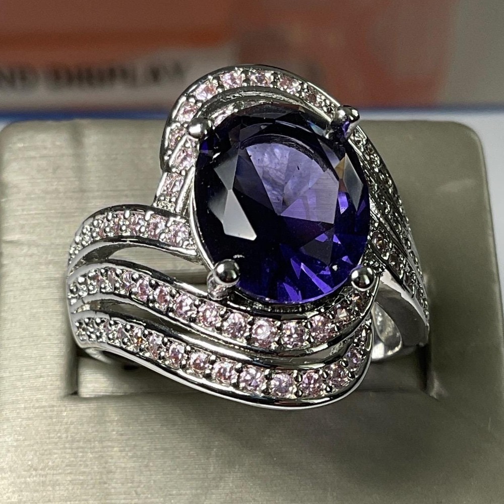Ring Silver Tone Purple Stone Statement Size 8 Elegant New